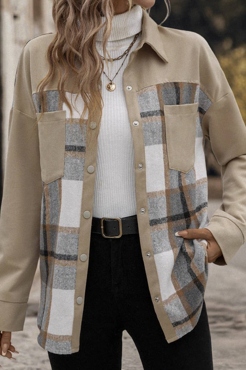 CWOCO0645_LAPEL SINGLE-BREASTED CHECK LONG-SLEEVED COAT