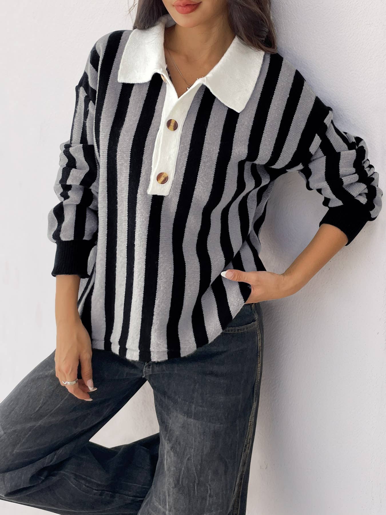 Vertical striped lapel pullover knitted sweater