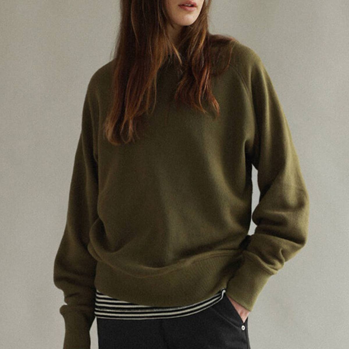 SOLID COLOR LOOSE PULLOVER CREW-NECK HOODIE