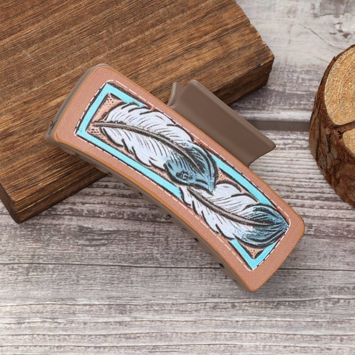 Western Cactus Feather Floral Print Hair Claw