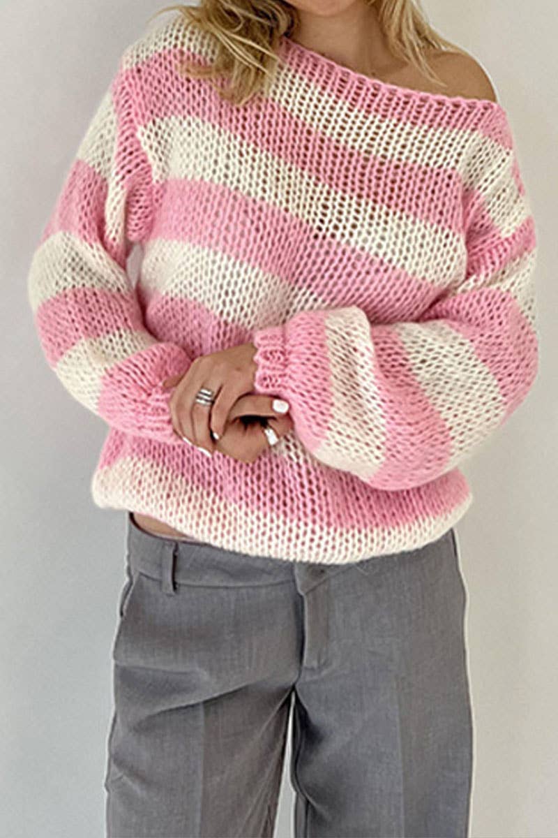 Slouchy long-sleeved sweater with crew neck stripes