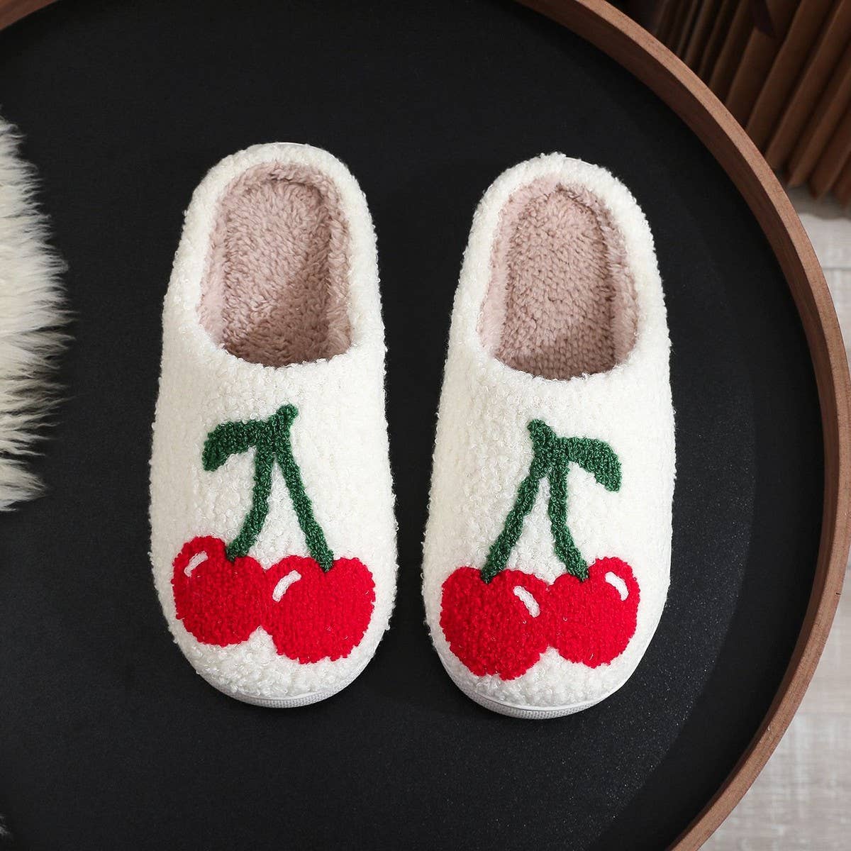 CUTE CHERRY EMBROIDERED COTTON SLIPPERS