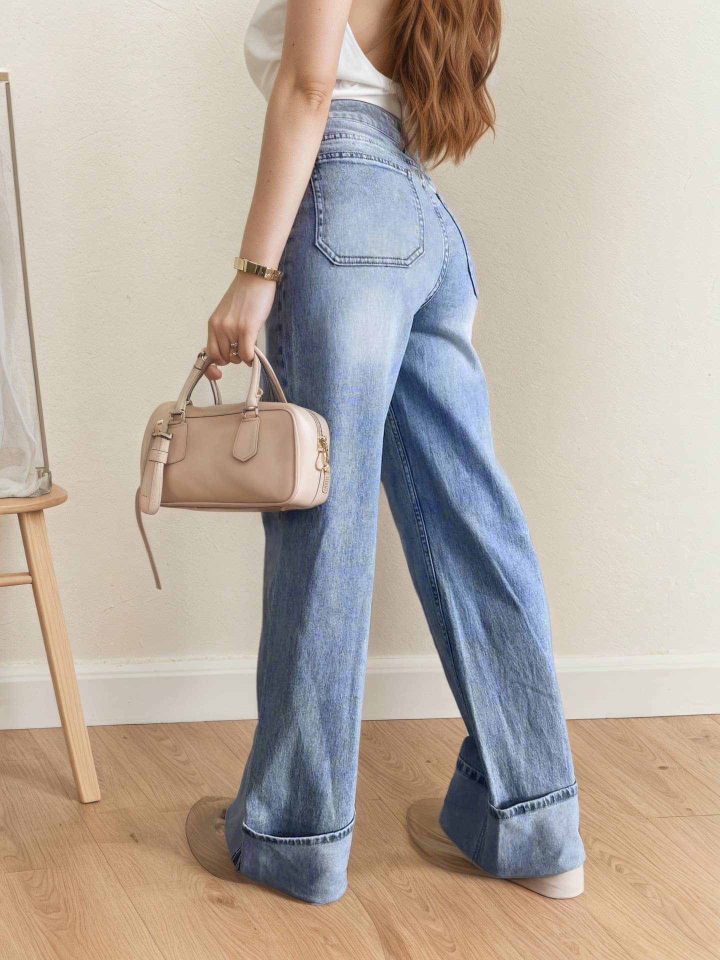 Slightly elastic straight-leg slim wide-leg jeans