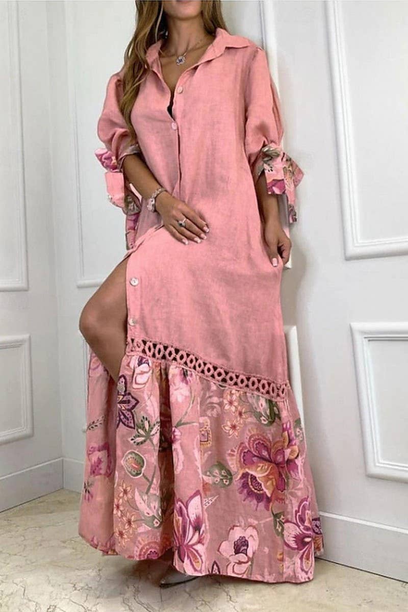 CWDMD6219_SPLICED TIE 3/4 SLEEVE SHIRT-STYLE LONG DRESS