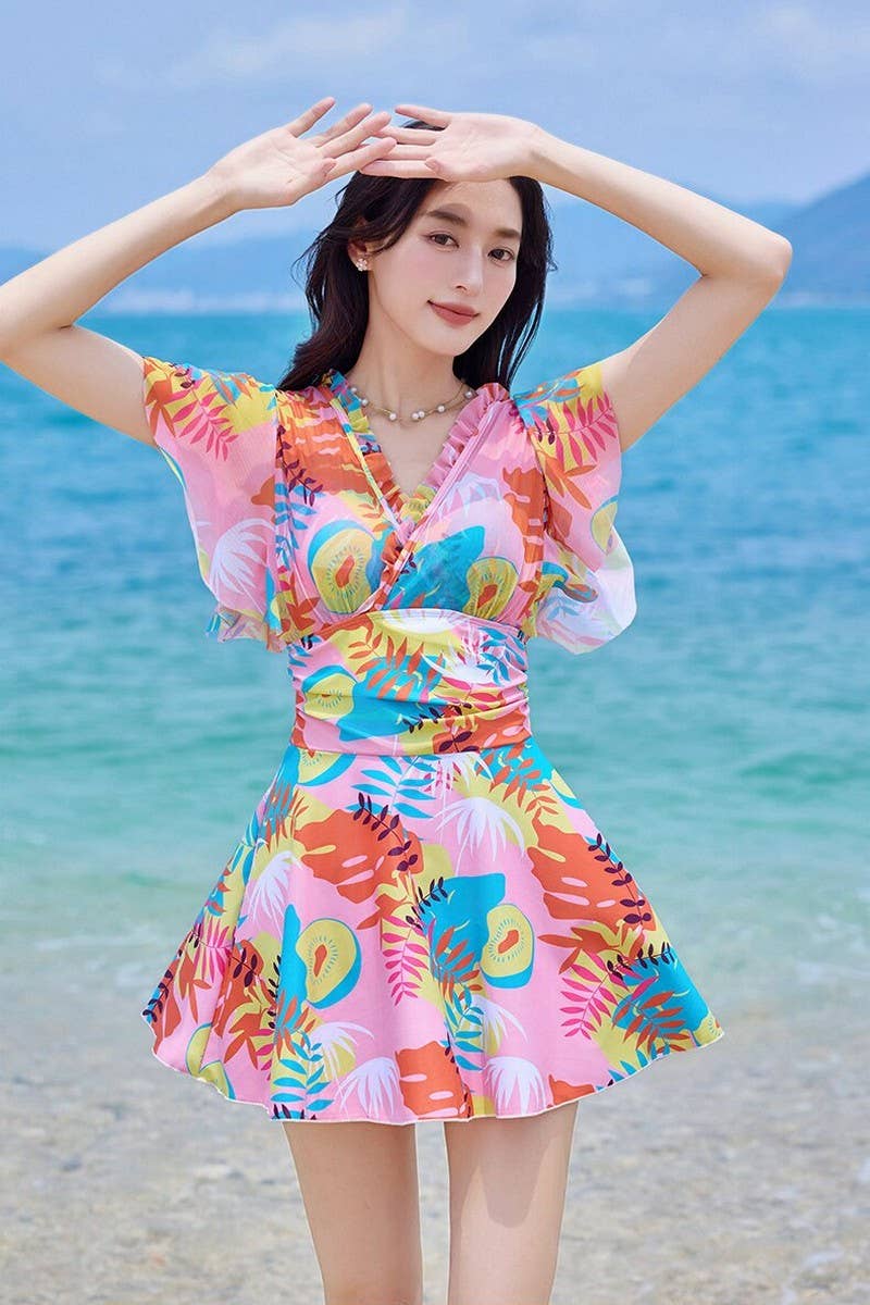 CWMW0857_MAPLE LEAF PRINT HIGH WAIST ONE-PIECE SWIMSUIT