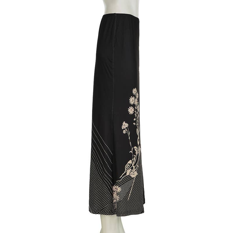 Retro Daisy printed low-waist drape long skirt