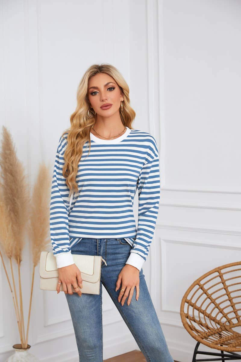 STRIPED CREW-NECK LONG-SLEEVED PULLOVER HOODIE