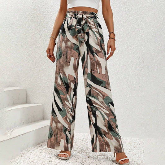 STYLISH PRINTED STRAIGHT-LEG PANTS WITH BOW TIE