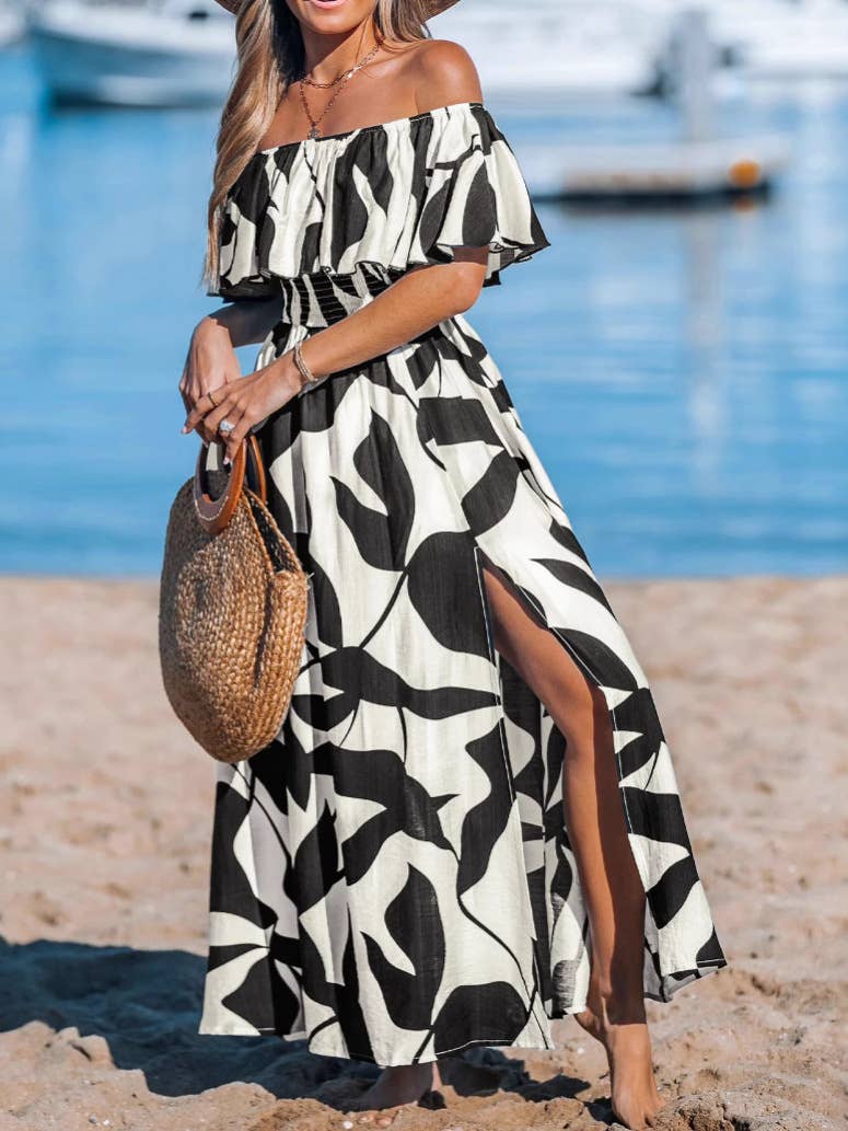 One-shoulder vacation-style leaf-printed dress
