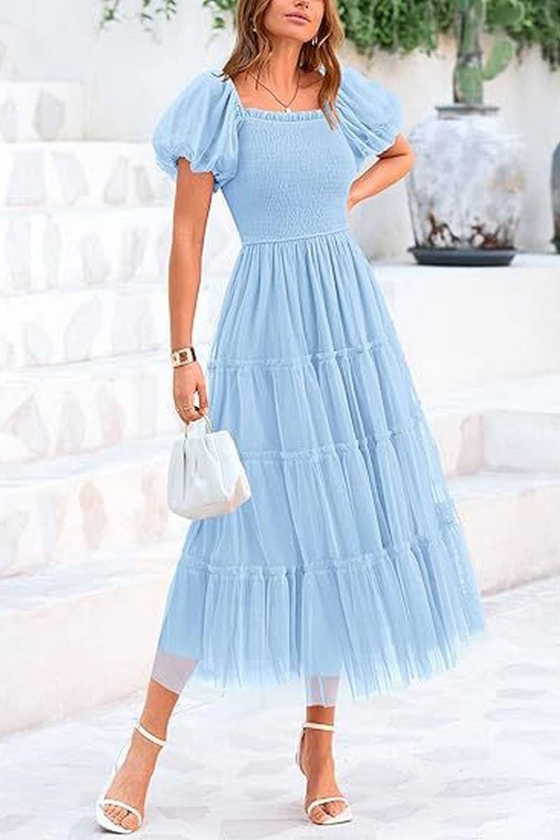 CWDMD6369_SQUARE NECK PLEATED MESH PANELED FLUFFY DRESS