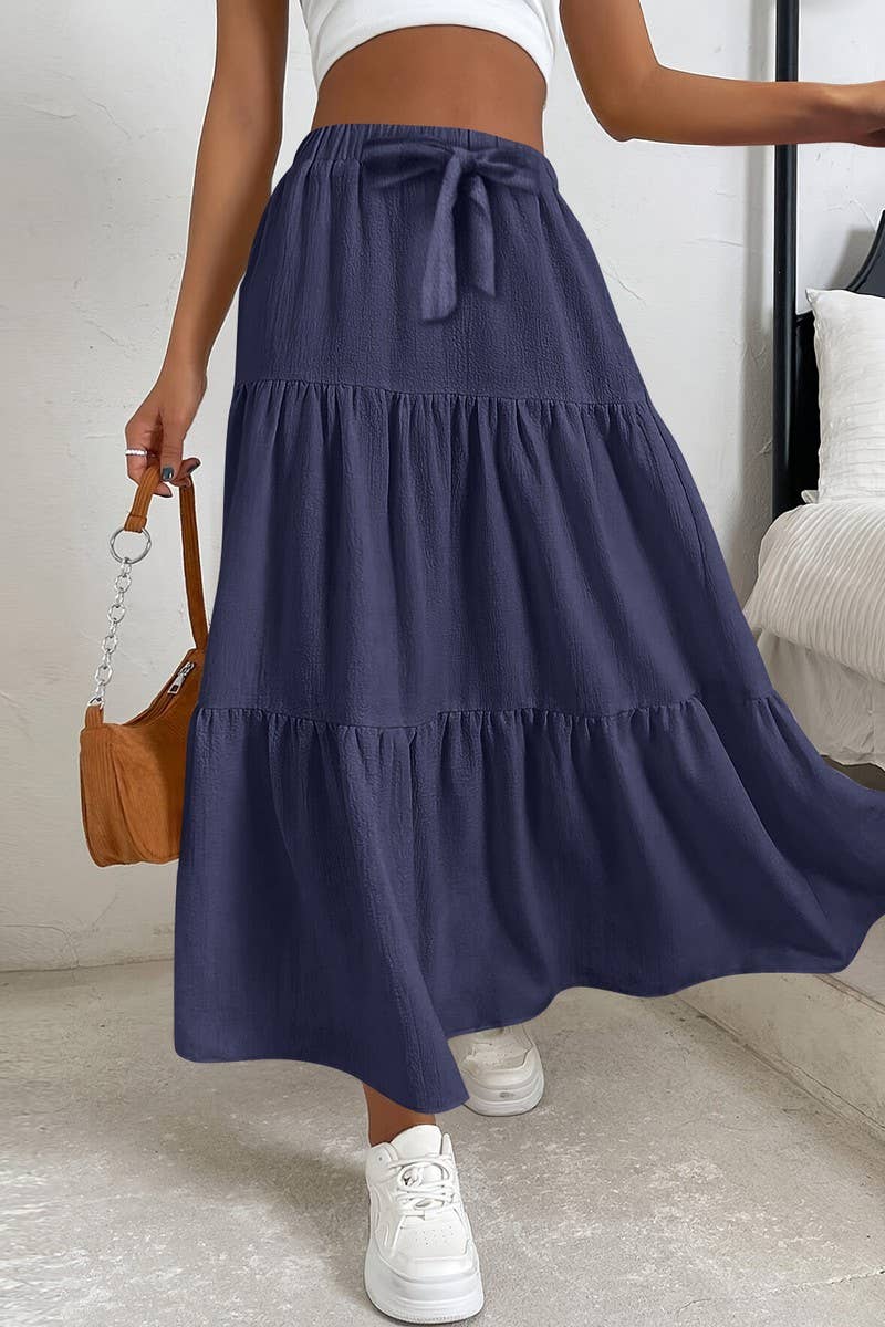 CWBLS0559_BOW WAIST TIERED SOLID MIDI SKIRT