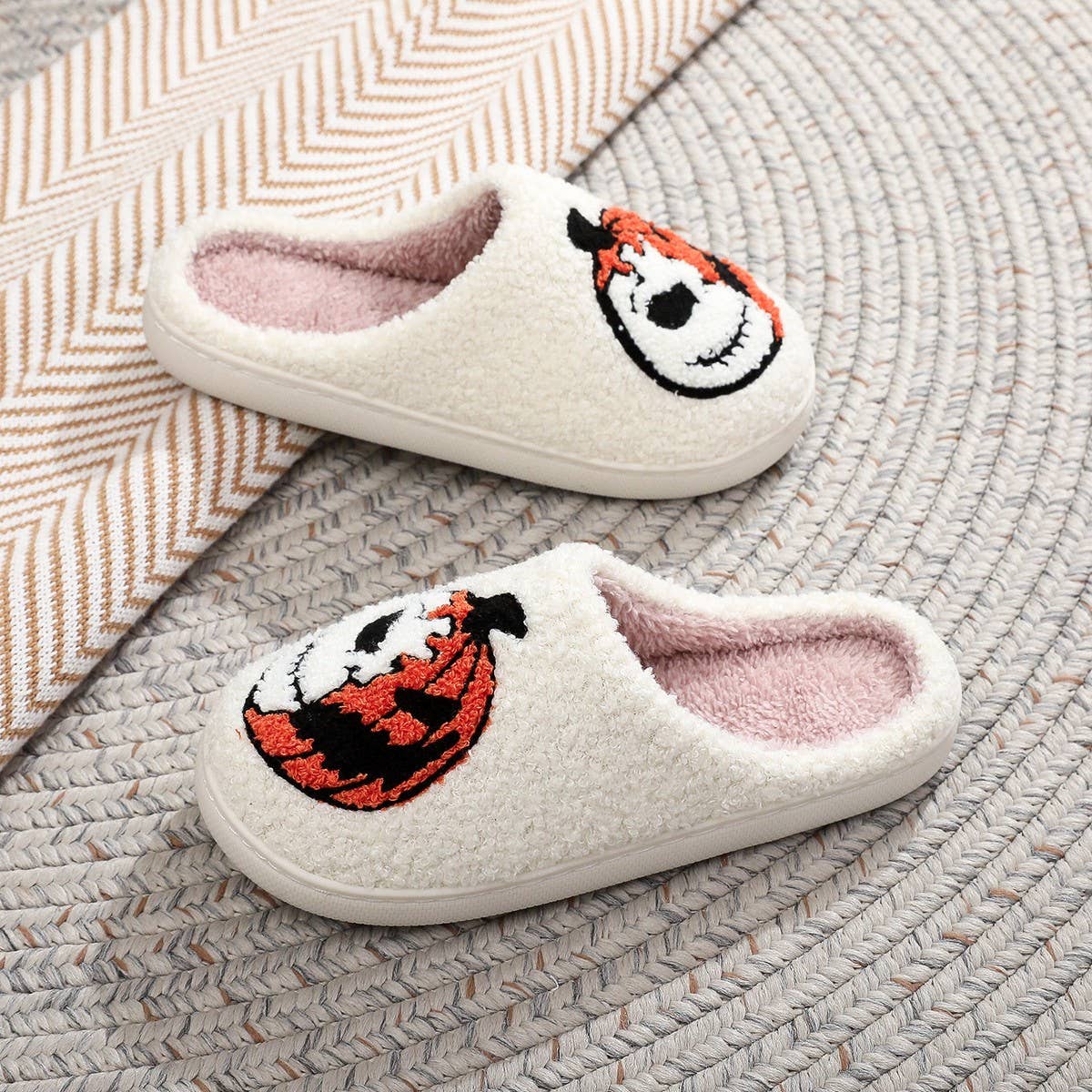 HALLOWEEN PUMPKIN EMBROIDERED COTTON SLIPPERS
