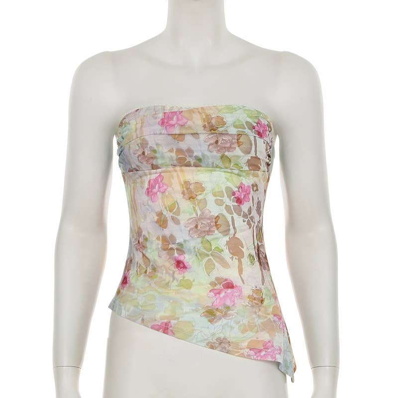 Vacation-style floral print irregular strapless