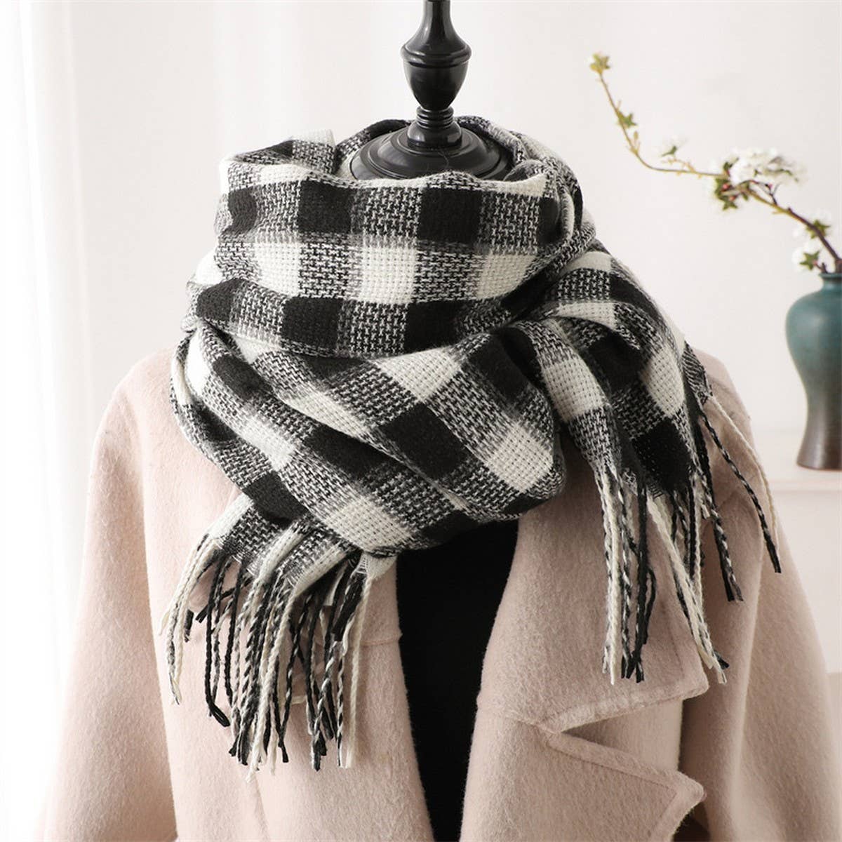 Plaid Faux Cashmere Scarf ??Cozy Long Fringe Wrap_CWASC1442