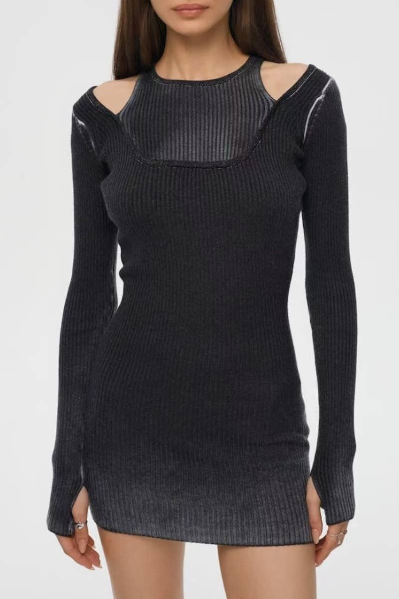 CWDSD6267_HOLLOW-OUT LONG-SLEEVED HIP WRAP DRESS SHORT