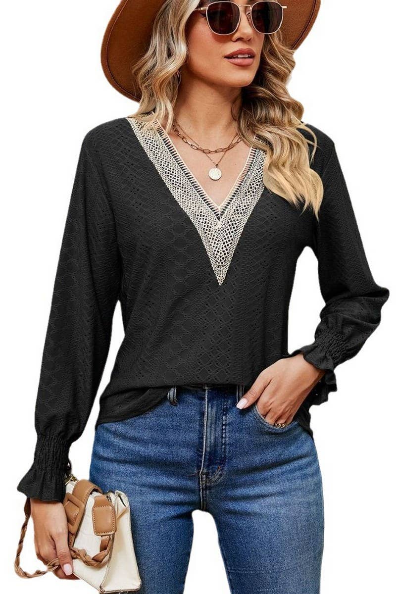 Cwtbll2389_V-Neck Lace Stitching Long-Sleeved Pullover