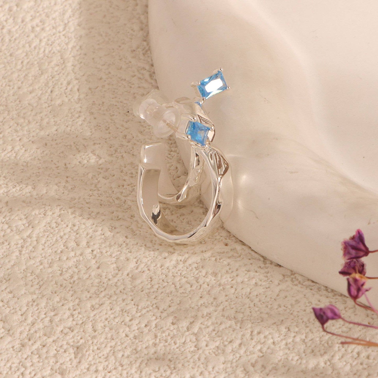 Simple elegant blue zircon silver stud earrings