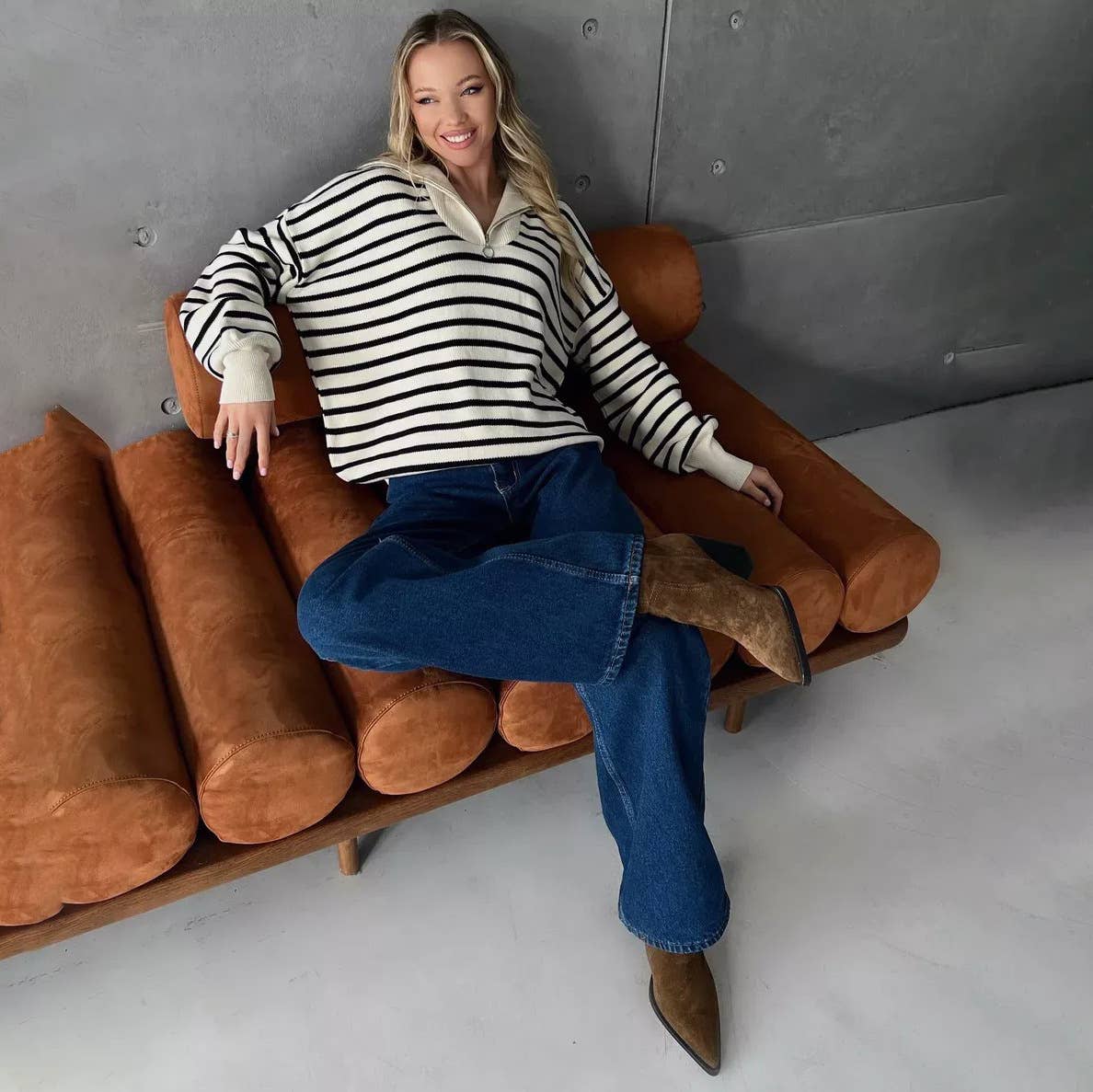 Striped lapel half-zipper pullover sweater