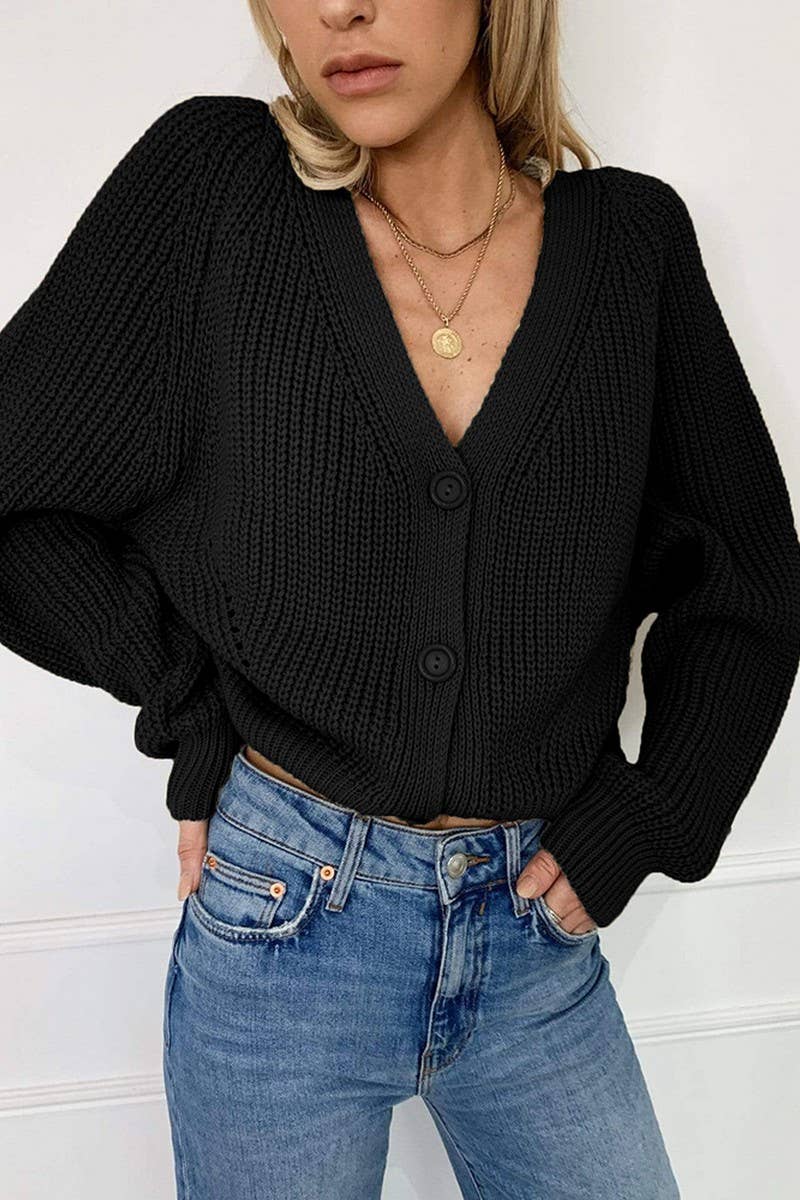 Solid color V-neck lantern sleeve button knit cardigan