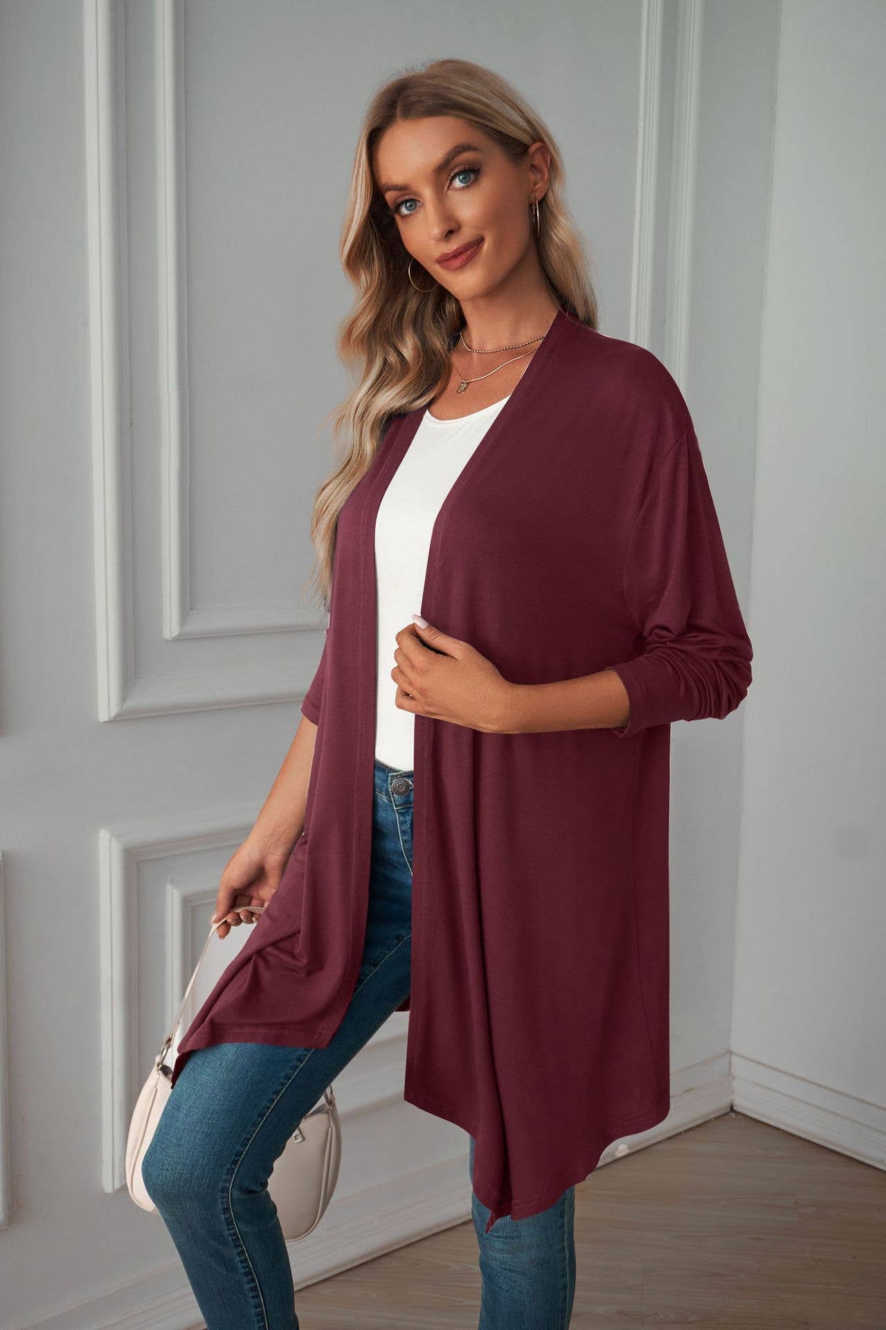 Solid-color,buttonless long-sleeved cardigan