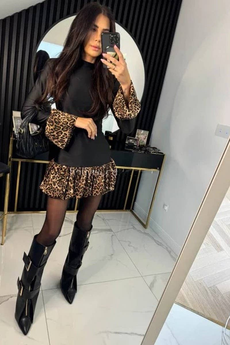 CWDSD994_LEOPARD PRINT PANELED BELL-SLEEVE MINI DRESS