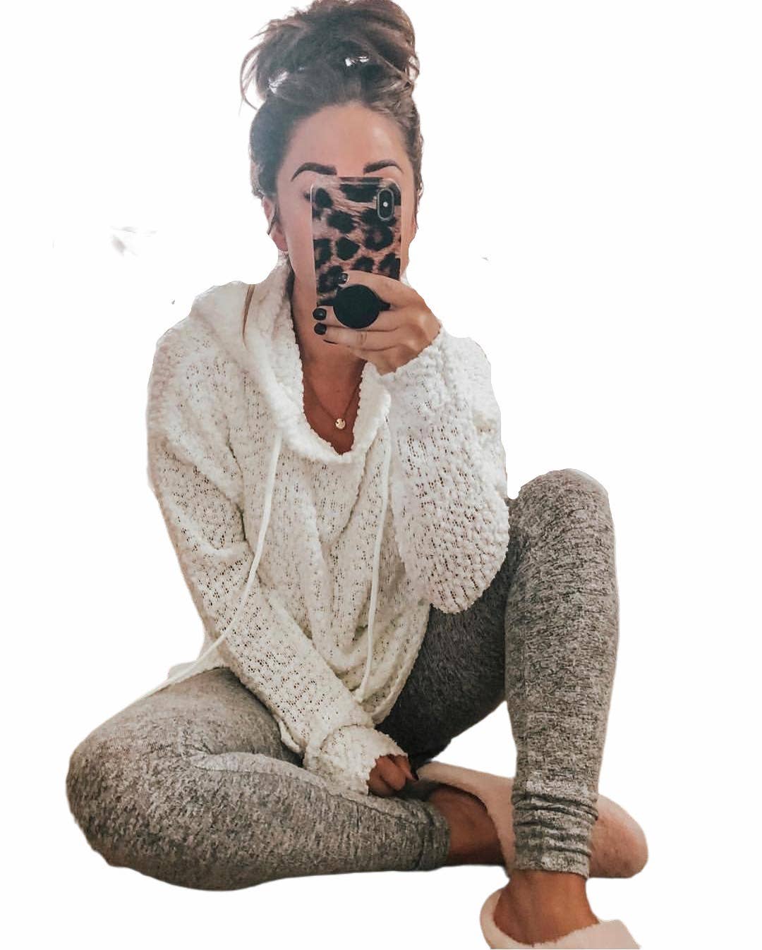 CWOHOL0275_ Casual V-Neck Hoodie Long Sleeve Sweater