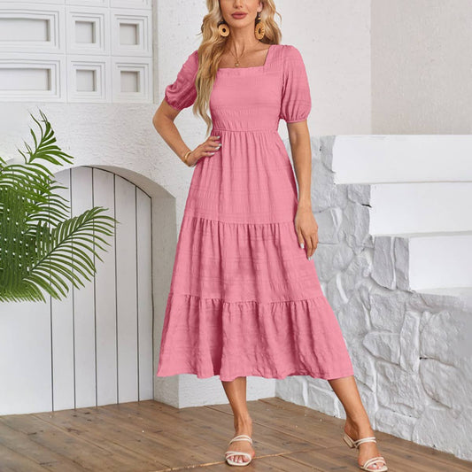 Square neck pleated short-sleeved dress