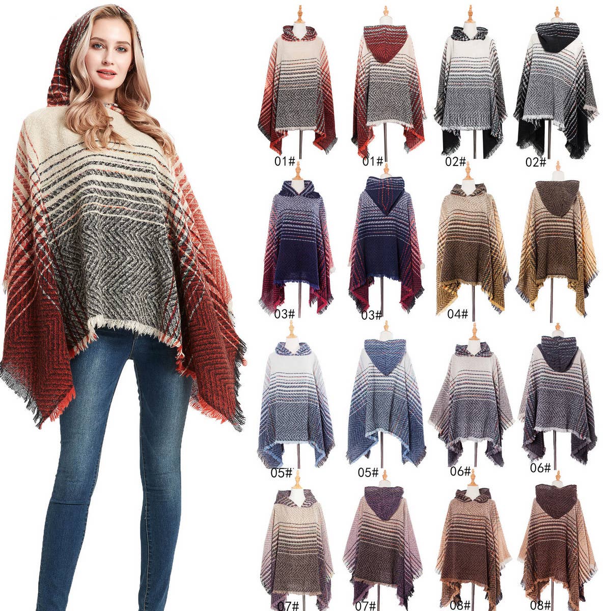 NEW HERRINGBONE GRADIENT HOODED CAPE SHAWL