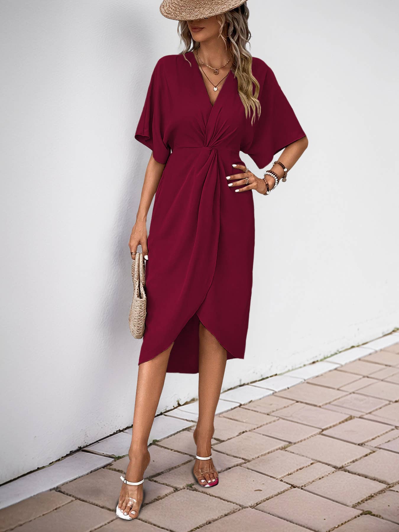 Solid color irregular waist slit mid-length dress
