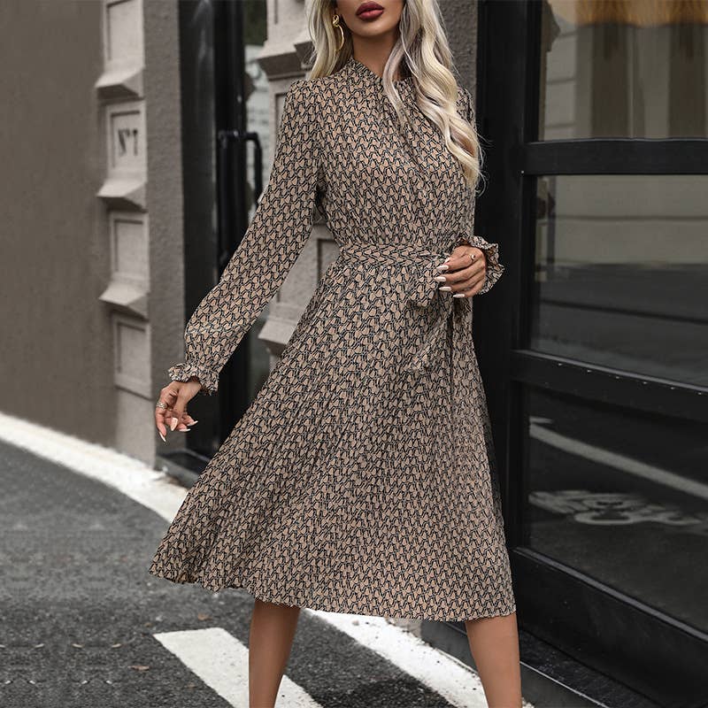 LACE-UP GEOMETRIC PRINT LONG-SLEEVED DRESS