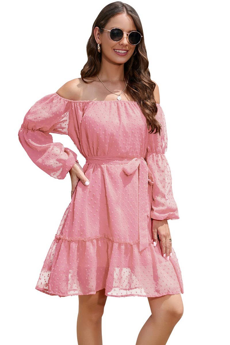CWDSD8400_OFF SHOULDER POM POM CHIFFON BELTED DRESS