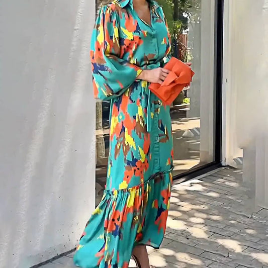 WOMENS LACE UP LONG SLEEVED PRINTED DRESS_CWDMD0714