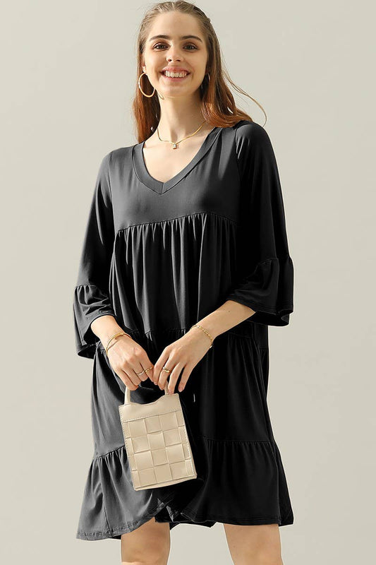 CWDSD10412_V NECK 3 TIERED RUFFLE DRESS WITH RUFFLE SLEEVE