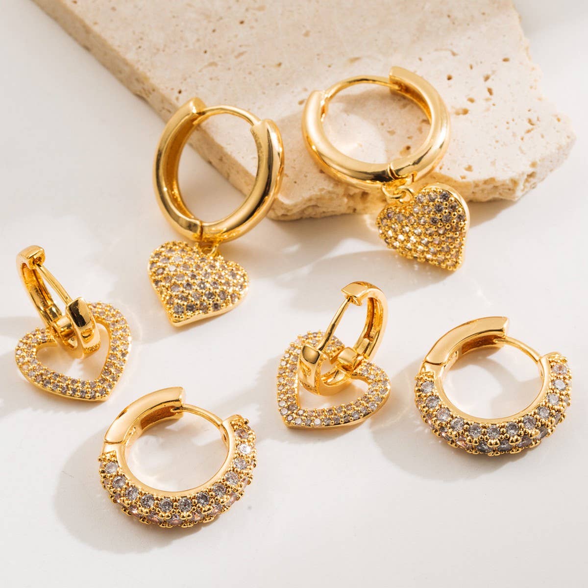 Heart-Shaped Zircon Hoop Earrings with Color Gems