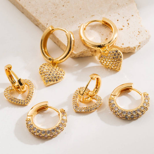 Heart-Shaped Zircon Hoop Earrings with Color Gems