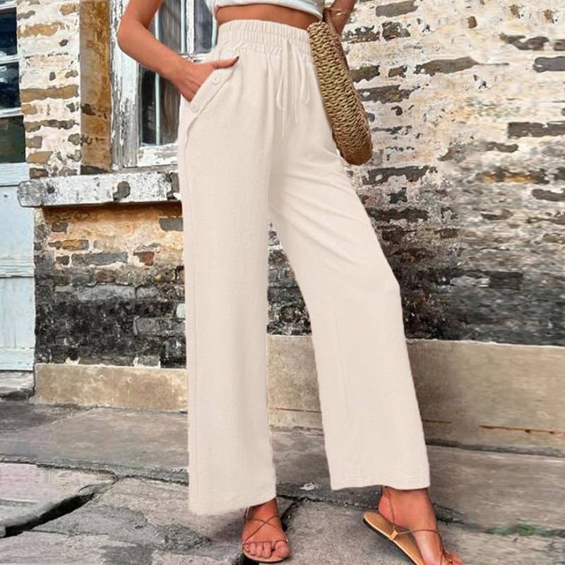High Waist Elastic Straight Pants with Pockets
