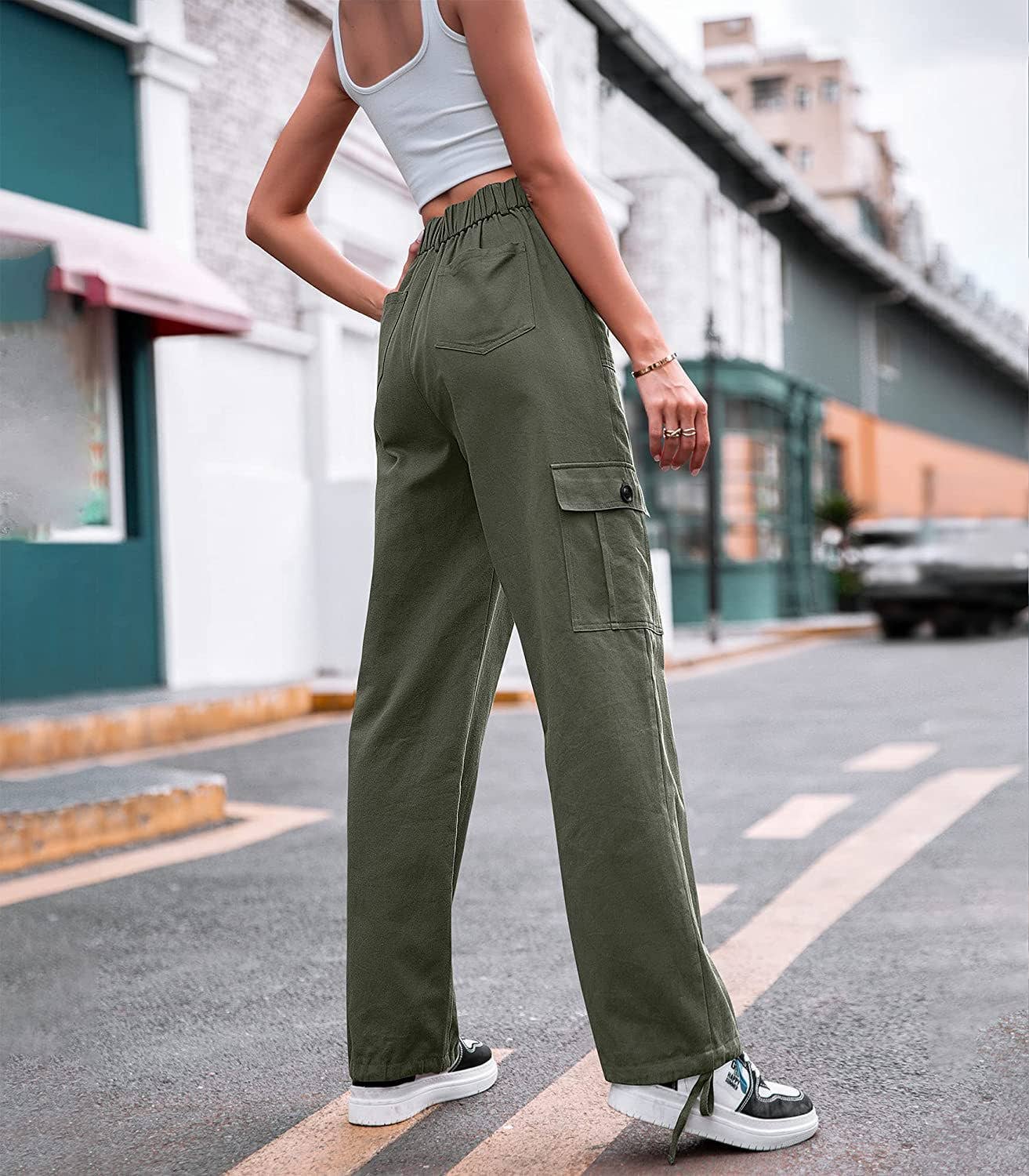 High-waisted,slimming,loose wide-leg cargo pants