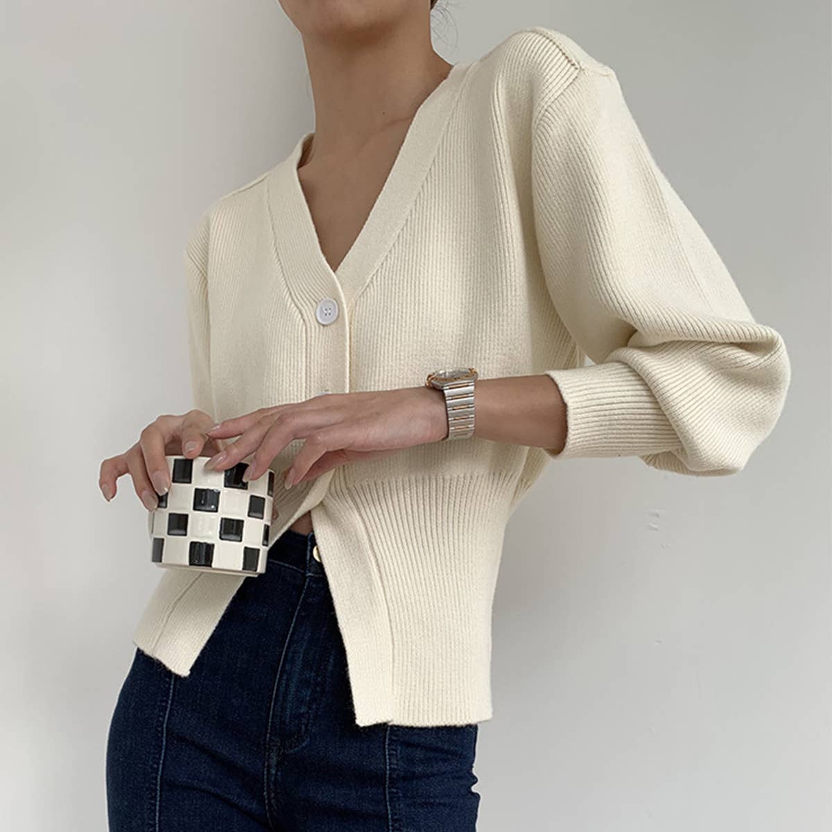 V-NECK SOLID COLOR WAISTLINE SWEATER CARDIGAN