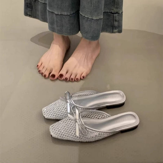 Mesh Bow Knit Mules Flat Ballet Slip-On Shoes
