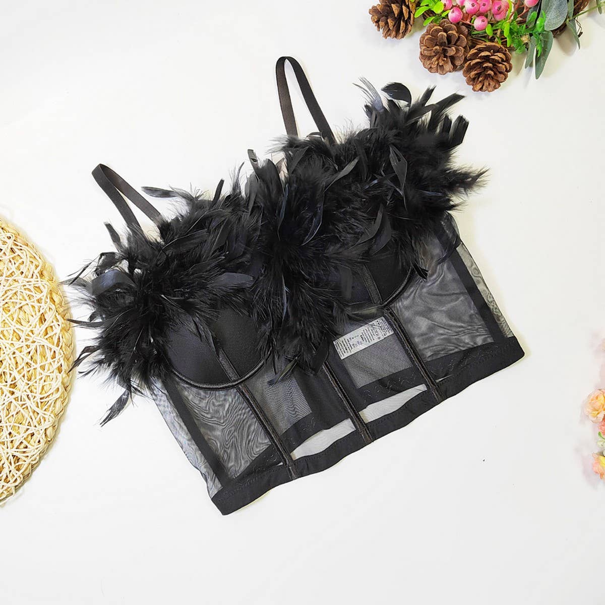 SEXY FEATHER SEE-THROUGH MESH HERRINGBONE CORSET