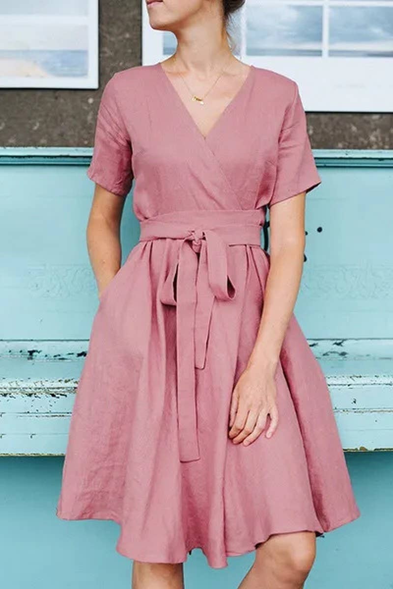 CWDSD5499_V-NECK BELT SHORT-SLEEVED COTTON AND LINEN DRESS