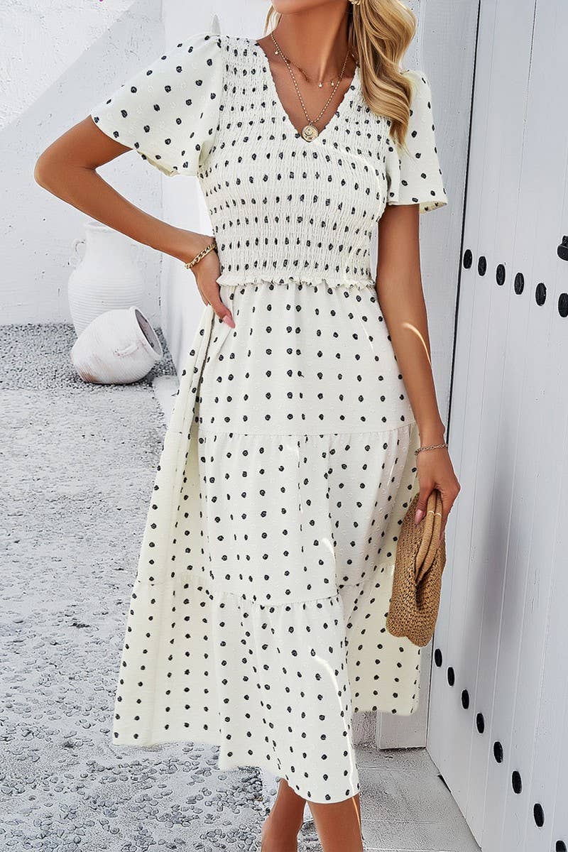 LEISURE PURE COLOR V NECK SHORT SLEEVE DRESS_CWDSD2810