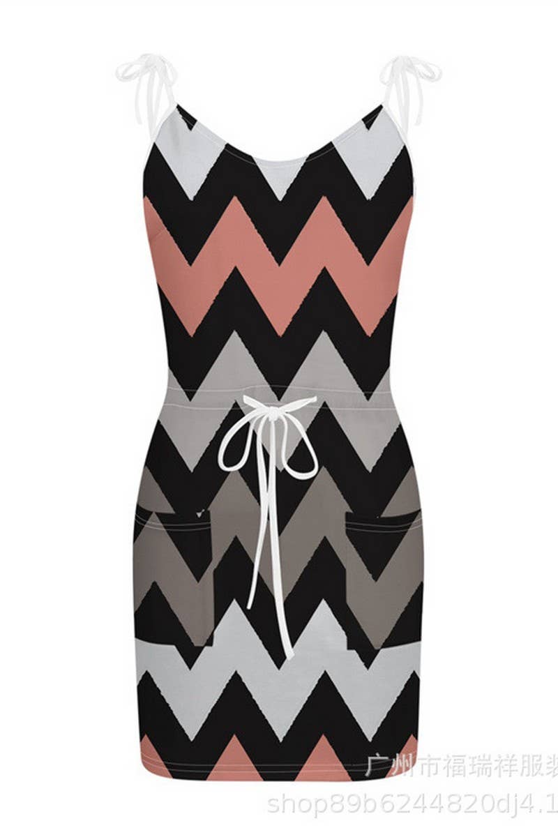 CWDSD8920_V-NECK WAVY STRAP DRESS WITH ADJUSTABLE WAIST