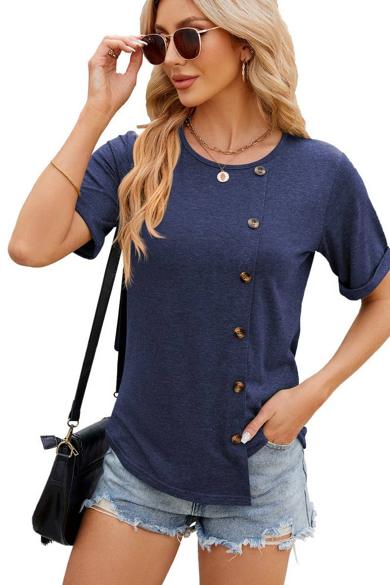 ROUND COLLAR BUTTON IRREGULAR HEM T SHIRT_CWTSTS0147