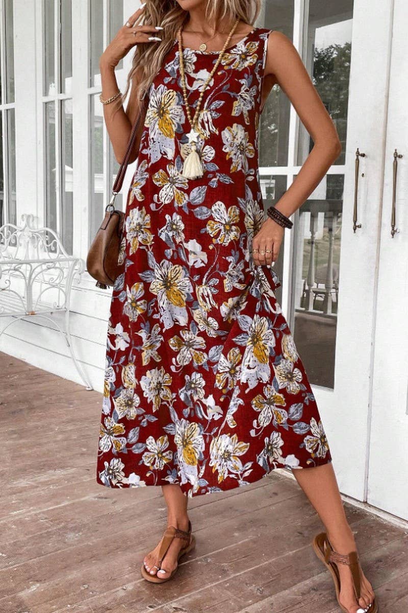 CWDMD5872_SLEEVELESS FLORAL PRINT ROUND NECK A-LINE DRESS