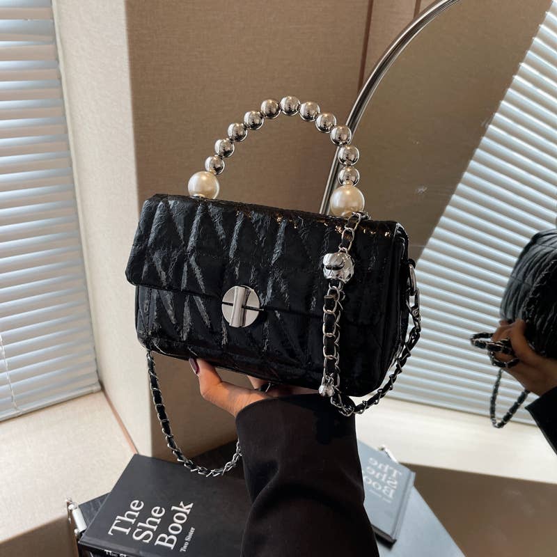 Laser pearl chain diamond single-shoulder bag