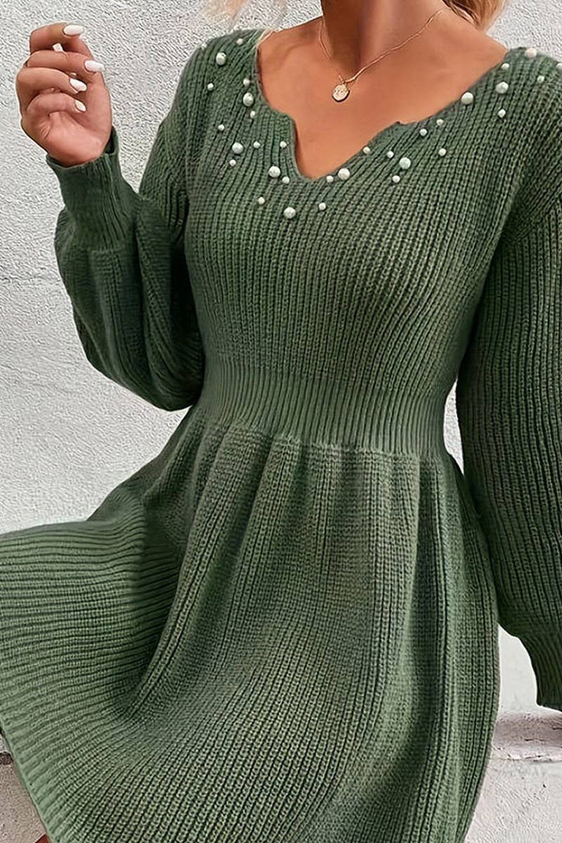 CWDSD7319_AUTUMN AND WINTER V-NECK PLEATED WAIST DRESS