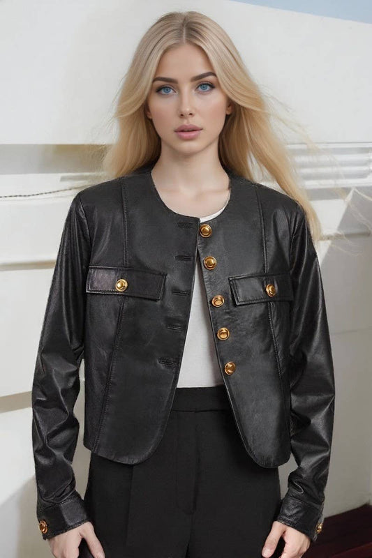 CWOHOL1147_ROUND COLLAR METAL BUTTON SHORT PU LEATHER JACKET