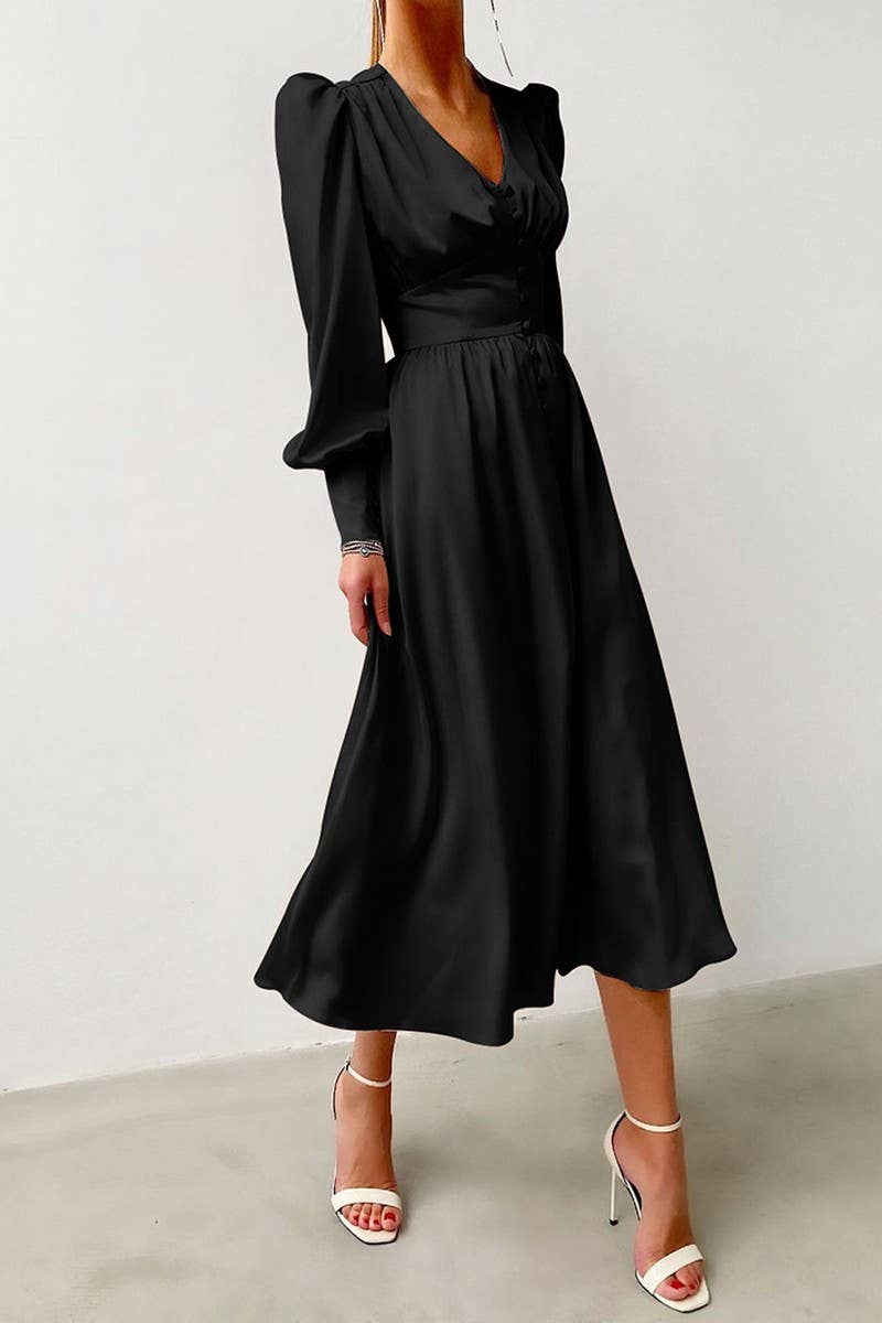 CWDMD4255_V-NECK SATIN PALACE RETRO LONG SLEEVE DRESS