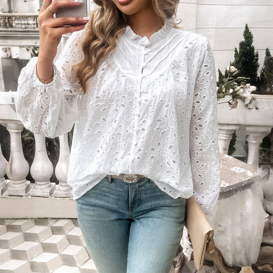 Temperament hollow embroidery long sleeve top